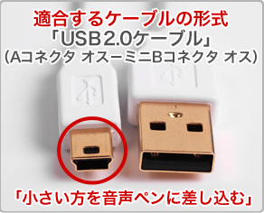 適合するケーブルの形式「USB2.0ケーブル」（Aコネクタ オス－ミニBコネクタ オス,「小さい方を音声ペンに差し込む」